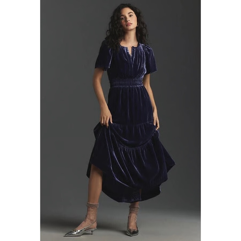 Anthropologie Velvet Somerset Maxi Dress Navy Blue Medium Petite